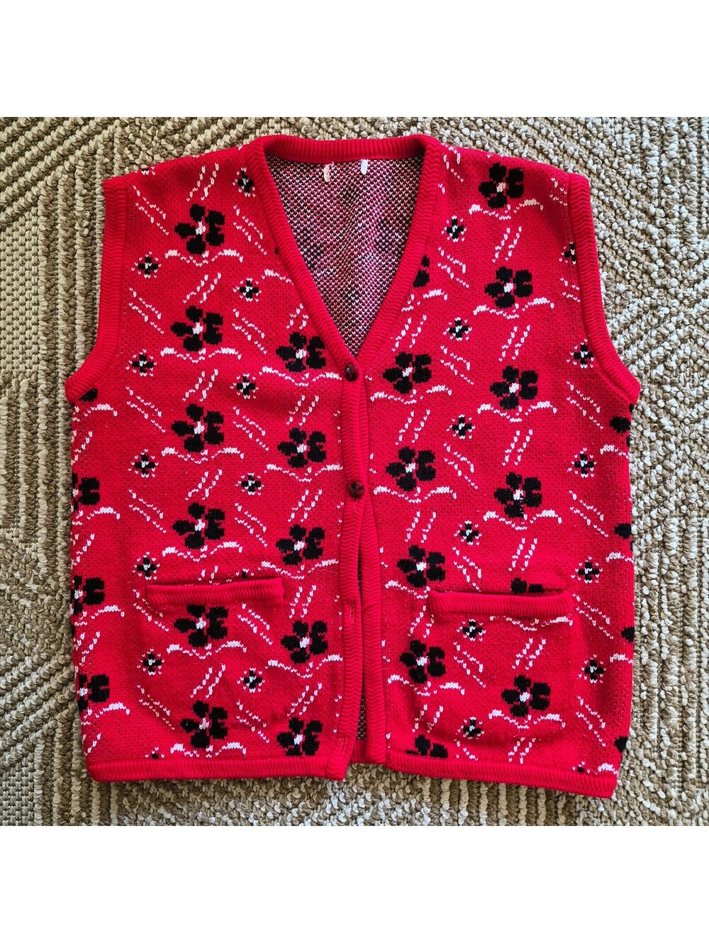 Vintage 60s 70s Red Floral Knit Sweater Vest Mod Hippie Folk L XL